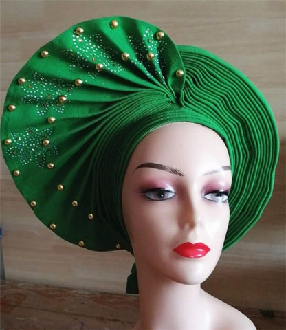 Image of Auto gele Headwrap African headtie with beads stones turban-FrenzyAfricanFashion.com