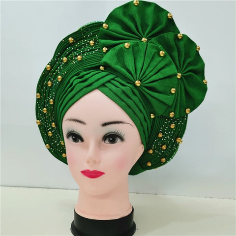 Image of Auto gele Headwrap African headtie with beads stones turban-FrenzyAfricanFashion.com