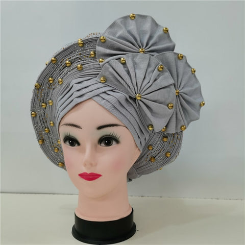 Image of Auto gele Headwrap African headtie with beads stones turban-FrenzyAfricanFashion.com