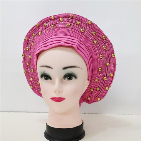 Image of Auto gele Headwrap African headtie with beads stones turban-FrenzyAfricanFashion.com