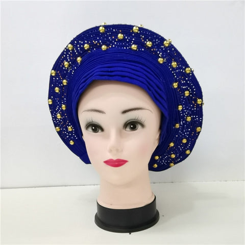 Image of Auto gele Headwrap African headtie with beads stones turban-FrenzyAfricanFashion.com