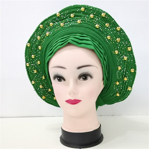 Image of Auto gele Headwrap African headtie with beads stones turban-FrenzyAfricanFashion.com