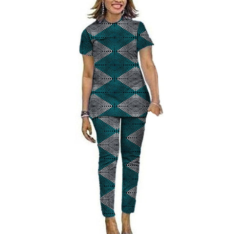 Image of Women African Clothes Short Sleeve Tops Patch Pants Ankara Outfits Festival Occasion Wear-FrenzyAfricanFashion.com