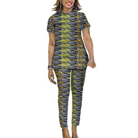 Image of Women African Clothes Short Sleeve Tops Patch Pants Ankara Outfits Festival Occasion Wear-FrenzyAfricanFashion.com