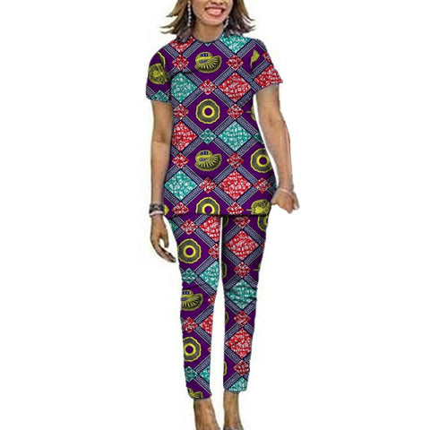 Image of Women African Clothes Short Sleeve Tops Patch Pants Ankara Outfits Festival Occasion Wear-FrenzyAfricanFashion.com