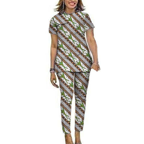 Image of Women African Clothes Short Sleeve Tops Patch Pants Ankara Outfits Festival Occasion Wear-FrenzyAfricanFashion.com