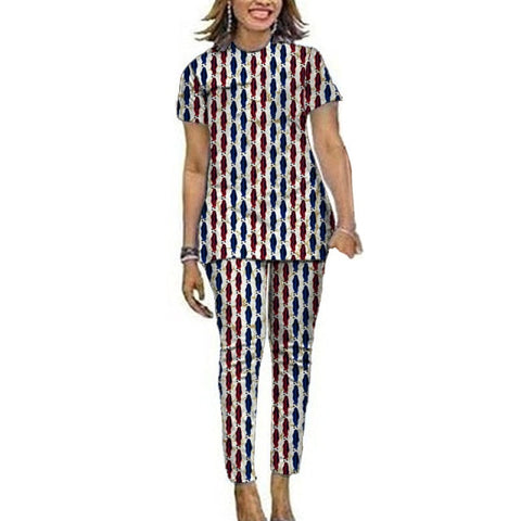 Image of Women African Clothes Short Sleeve Tops Patch Pants Ankara Outfits Festival Occasion Wear-FrenzyAfricanFashion.com