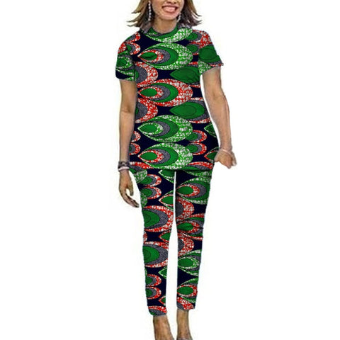 Image of Women African Clothes Short Sleeve Tops Patch Pants Ankara Outfits Festival Occasion Wear-FrenzyAfricanFashion.com