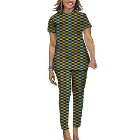 Image of Women African Clothes Short Sleeve Tops Patch Pants Ankara Outfits Festival Occasion Wear-FrenzyAfricanFashion.com