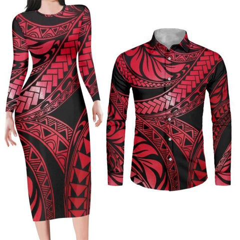 Image of Red Matching Couples Outfit Apparel Bodycon Dress and Shirt Engagement Outfits-FrenzyAfricanFashion.com