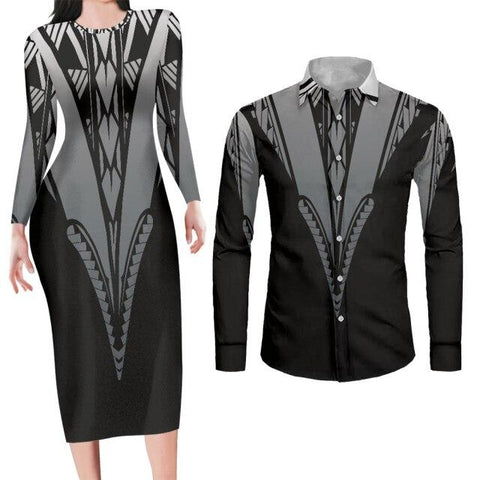 Image of Matching Dress and Shirt Geometric Print Perfect Couple Engagement Outfit For Photos-FrenzyAfricanFashion.com