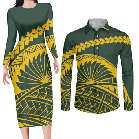 Image of Green Bodycon Dress and Shirt Matching Couples Outfits-FrenzyAfricanFashion.com