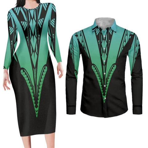 Image of Matching Dress and Shirt Geometric Print Perfect Couple Engagement Outfit For Photos-FrenzyAfricanFashion.com