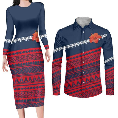 Image of Navy Bodycon Dress and Shirt Matching Couples Outfits-FrenzyAfricanFashion.com