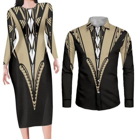 Image of Matching Dress and Shirt Geometric Print Perfect Couple Engagement Outfit For Photos-FrenzyAfricanFashion.com