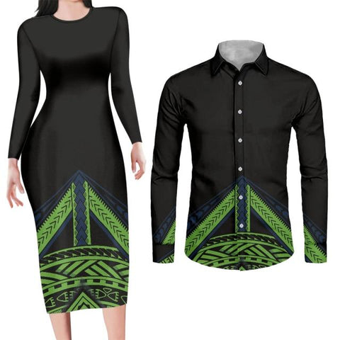 Image of Navy Bodycon Dress and Shirt Matching Couples Outfits-FrenzyAfricanFashion.com
