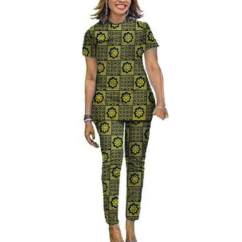 Image of Women African Clothes Short Sleeve Tops Patch Pants Ankara Outfits Festival Occasion Wear-FrenzyAfricanFashion.com