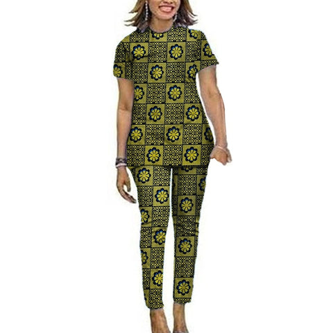 Image of Women African Clothes Short Sleeve Tops Patch Pants Ankara Outfits Festival Occasion Wear-FrenzyAfricanFashion.com