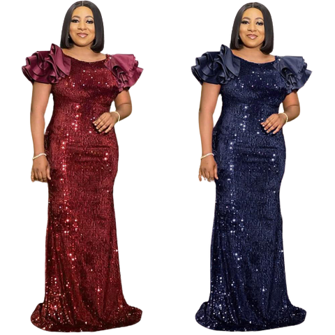 Image of Sequin Dress Ruffle Short Sleeve Evening Party Long Dress-FrenzyAfricanFashion.com