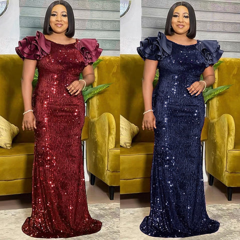 Image of Sequin Dress Ruffle Short Sleeve Evening Party Long Dress-FrenzyAfricanFashion.com