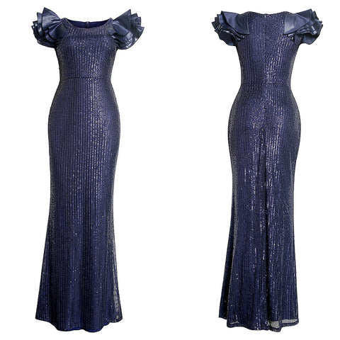 Image of Sequin Dress Ruffle Short Sleeve Evening Party Long Dress-FrenzyAfricanFashion.com