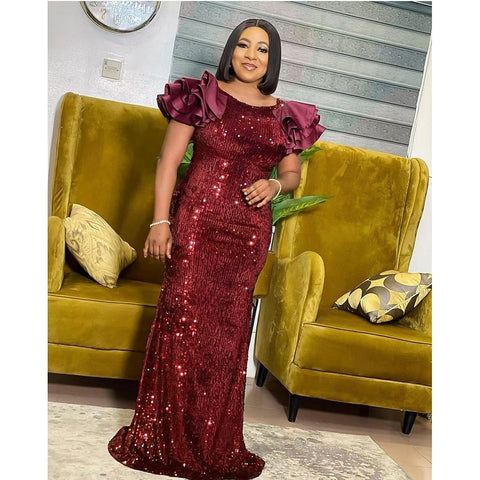 Image of Sequin Dress Ruffle Short Sleeve Evening Party Long Dress-FrenzyAfricanFashion.com