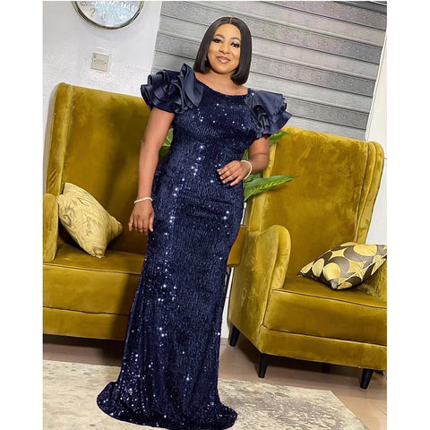 Image of Sequin Dress Ruffle Short Sleeve Evening Party Long Dress-FrenzyAfricanFashion.com