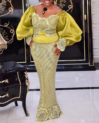 Image of Big Puff Sleeve Bodycon Mermaid Maxi Lace Long Dress-FrenzyAfricanFashion.com