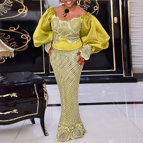 Image of Big Puff Sleeve Bodycon Mermaid Maxi Lace Long Dress-FrenzyAfricanFashion.com