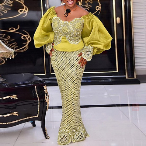 Image of Big Puff Sleeve Bodycon Mermaid Maxi Lace Long Dress-FrenzyAfricanFashion.com