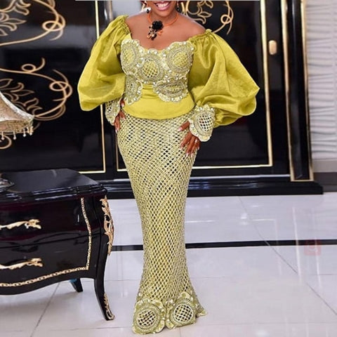 Image of Big Puff Sleeve Bodycon Mermaid Maxi Lace Long Dress-FrenzyAfricanFashion.com