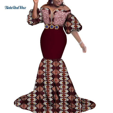 Image of African Print Dresses Women Bazin Long Mermaid Evening Dress Dashiki Clothing-FrenzyAfricanFashion.com