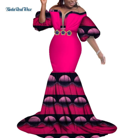 Image of African Print Dresses Women Bazin Long Mermaid Evening Dress Dashiki Clothing-FrenzyAfricanFashion.com
