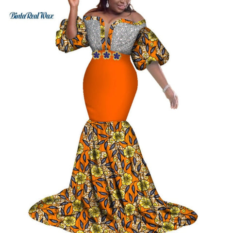 Image of African Print Dresses Women Bazin Long Mermaid Evening Dress Dashiki Clothing-FrenzyAfricanFashion.com