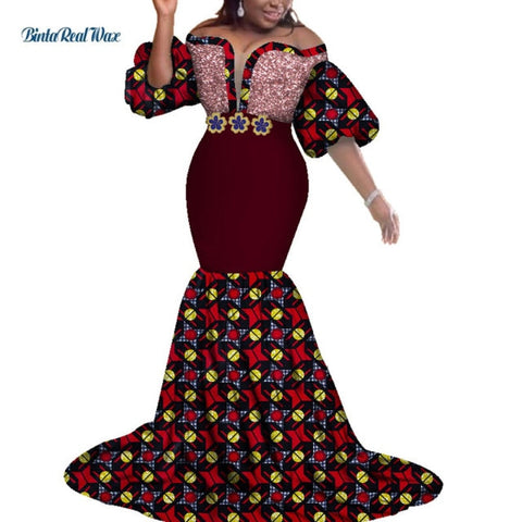 Image of African Print Dresses Women Bazin Long Mermaid Evening Dress Dashiki Clothing-FrenzyAfricanFashion.com