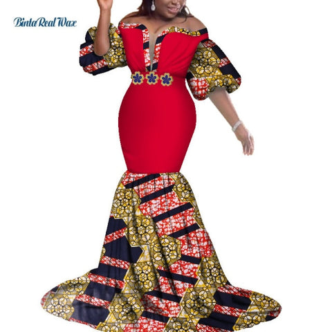 Image of African Print Dresses Women Bazin Long Mermaid Evening Dress Dashiki Clothing-FrenzyAfricanFashion.com