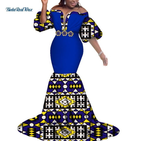 Image of African Print Dresses Women Bazin Long Mermaid Evening Dress Dashiki Clothing-FrenzyAfricanFashion.com