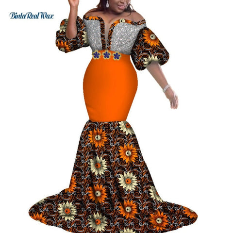 Image of African Print Dresses Women Bazin Long Mermaid Evening Dress Dashiki Clothing-FrenzyAfricanFashion.com