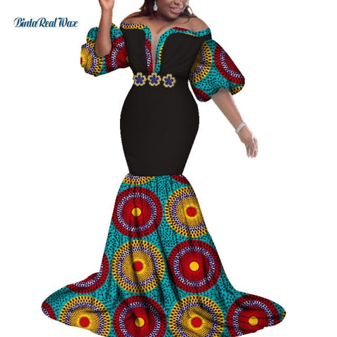 Image of African Print Dresses Women Bazin Long Mermaid Evening Dress Dashiki Clothing-FrenzyAfricanFashion.com