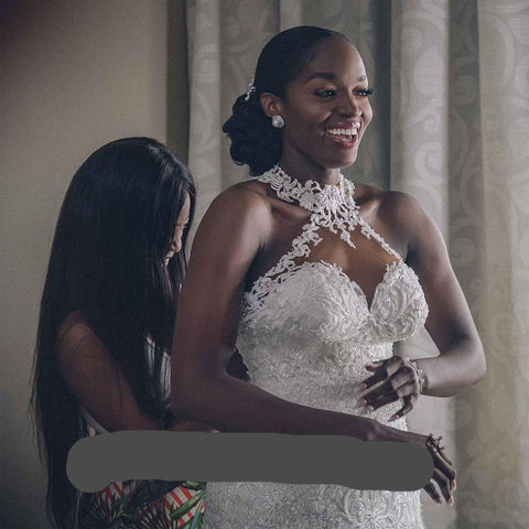 Image of Linzy Lace Beaded Mermaid Trumpet Halter Neck wedding dress-FrenzyAfricanFashion.com