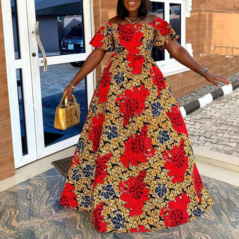 Image of Red African Print Empire Waist Women Summer Flare Sleeve Sundress-FrenzyAfricanFashion.com