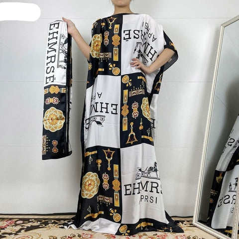 Image of Fashion classic African clothing silk women printed loose dress with scarf-FrenzyAfricanFashion.com