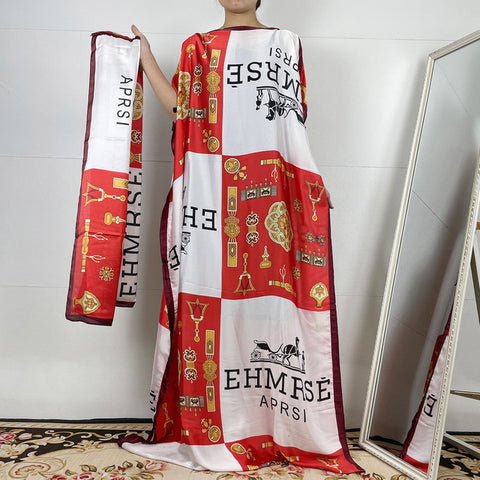 Image of Fashion classic African clothing silk women printed loose dress with scarf-FrenzyAfricanFashion.com