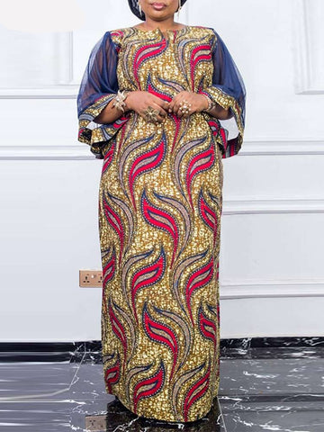 Image of Elegant Kaftan Dress Women Dress Half Sleeve O Neck Floral Printed Maxi Party Dress-FrenzyAfricanFashion.com