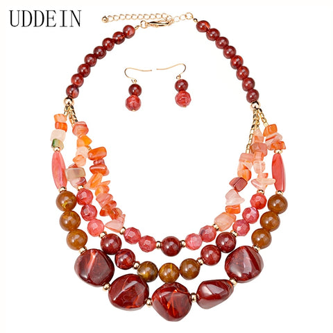 Image of Beads Necklace/Earrings Set Plastic Gem Multi Layer Statement Chokers Wedding Accessories African Beads Jewelry Set-FrenzyAfricanFashion.com