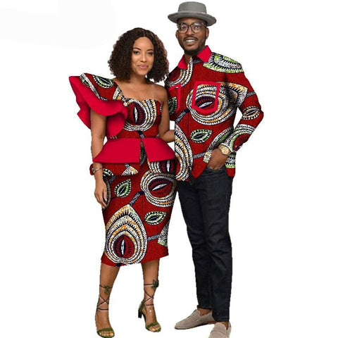 Image of Fabulosity African Couple Clothing Gold Ankara Dress and Shirt-FrenzyAfricanFashion.com