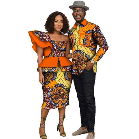 Image of Fabulosity African Couple Clothing Gold Ankara Dress and Shirt-FrenzyAfricanFashion.com