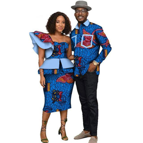 Image of Fabulosity African Couple Clothing Gold Ankara Dress and Shirt-FrenzyAfricanFashion.com