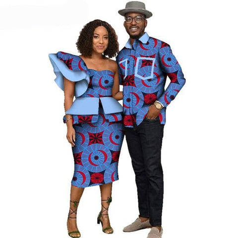 Image of Fabulosity African Couple Clothing Gold Ankara Dress and Shirt-FrenzyAfricanFashion.com
