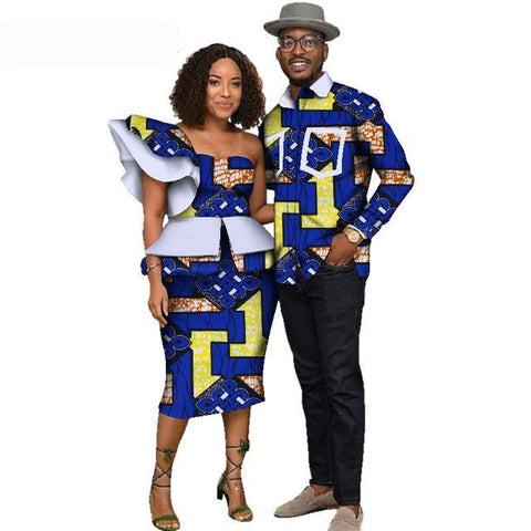 Image of Fabulosity African Couple Clothing Gold Ankara Dress and Shirt-FrenzyAfricanFashion.com